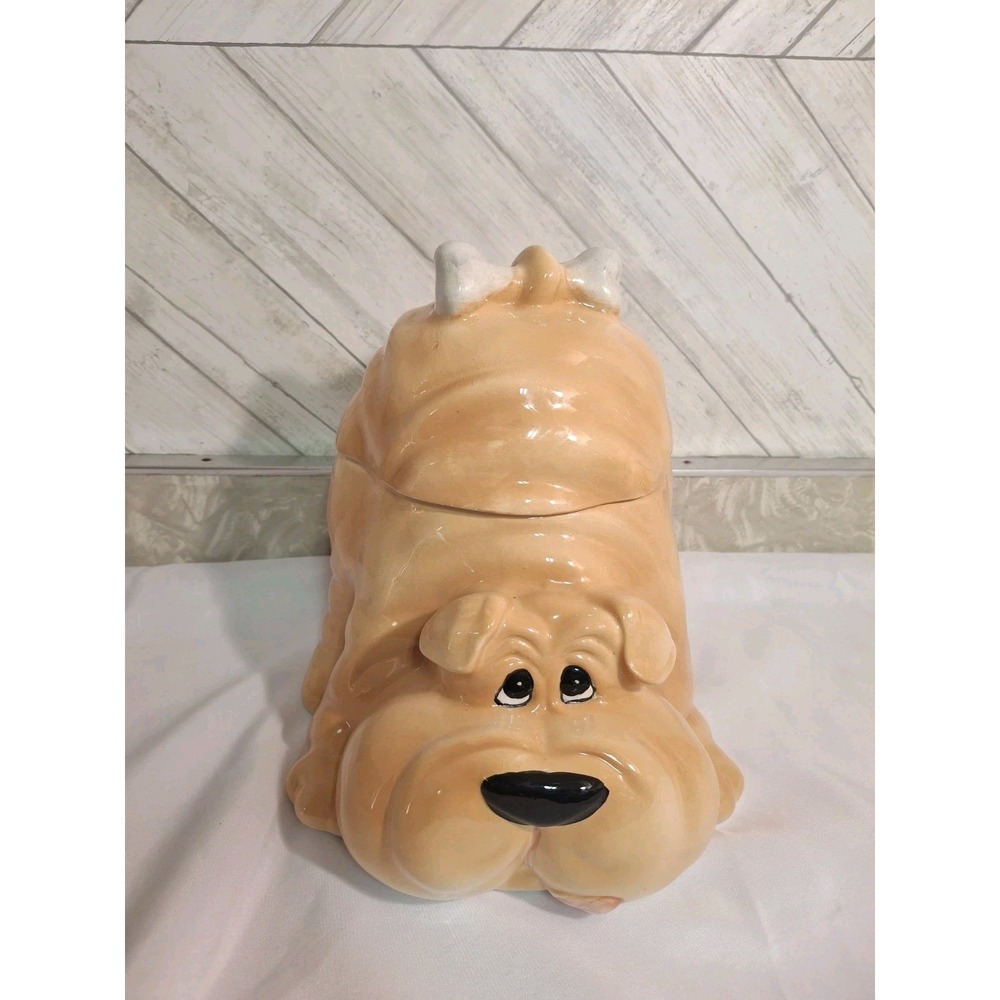 Vintage Savory Playful Shar Pei W/Bone In Tail Ceramic Cookie Jar Canister Gold